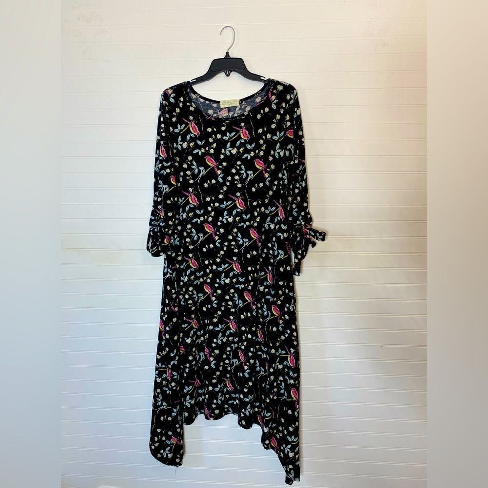 My Sassy Skirt Polka Dot Multicolor Floral Bird Midi Dress Size S/M 3/4 Sleeve